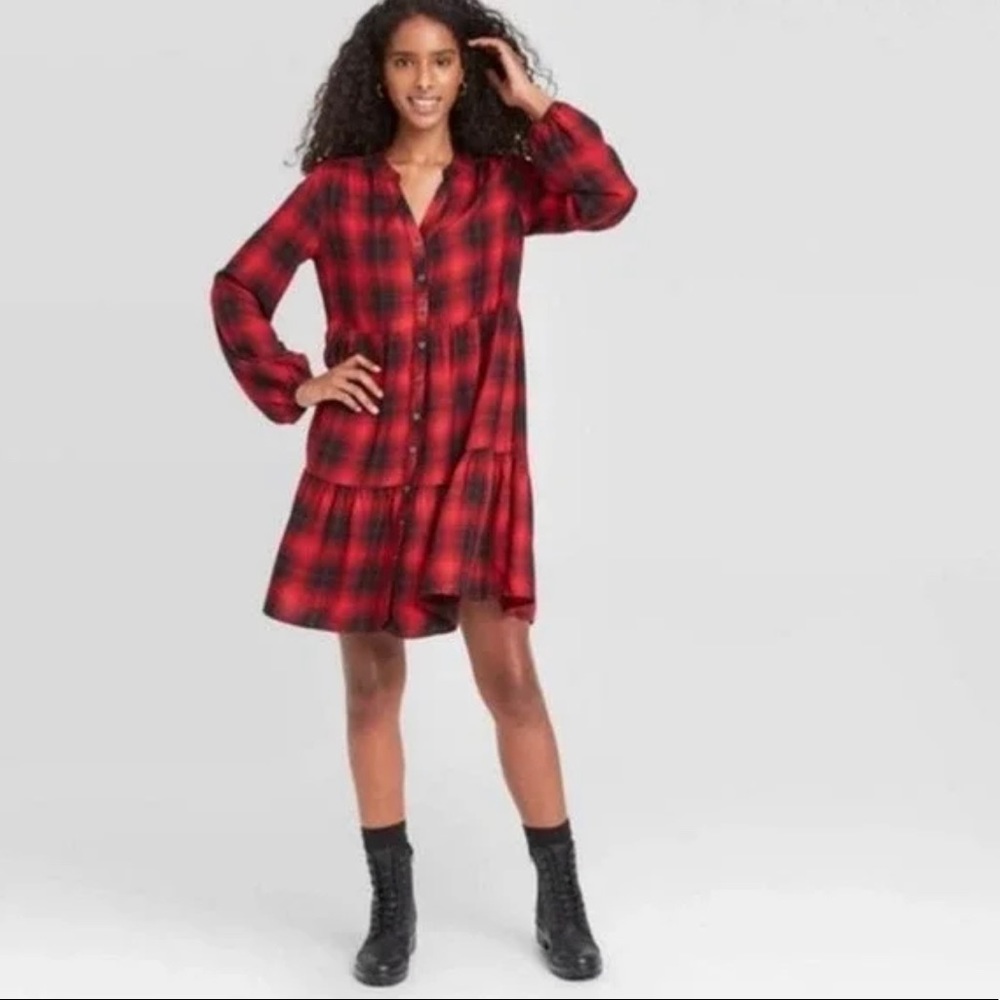 Knox Rose plaid dress fall red black size L